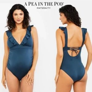🫛 A Pea In The Pod Ruffle Neck Maternity Swimsuit - Deep Teal - Size Medium